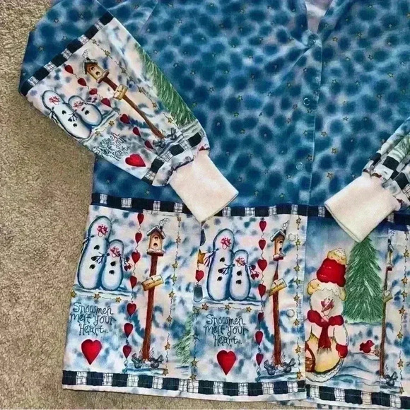 🔥VTG 90s Lac-Mac Christmas Cardigan Snowman Sz M Holiday Force Scrubs Unifor - Picture 2 of 6
